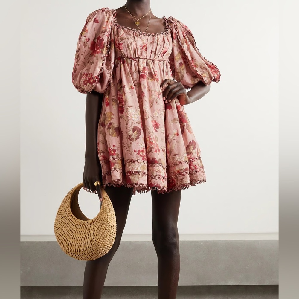 Zimmermann Cassia Scalloped Floral-Print Linen Mini Dress - Pink NWT